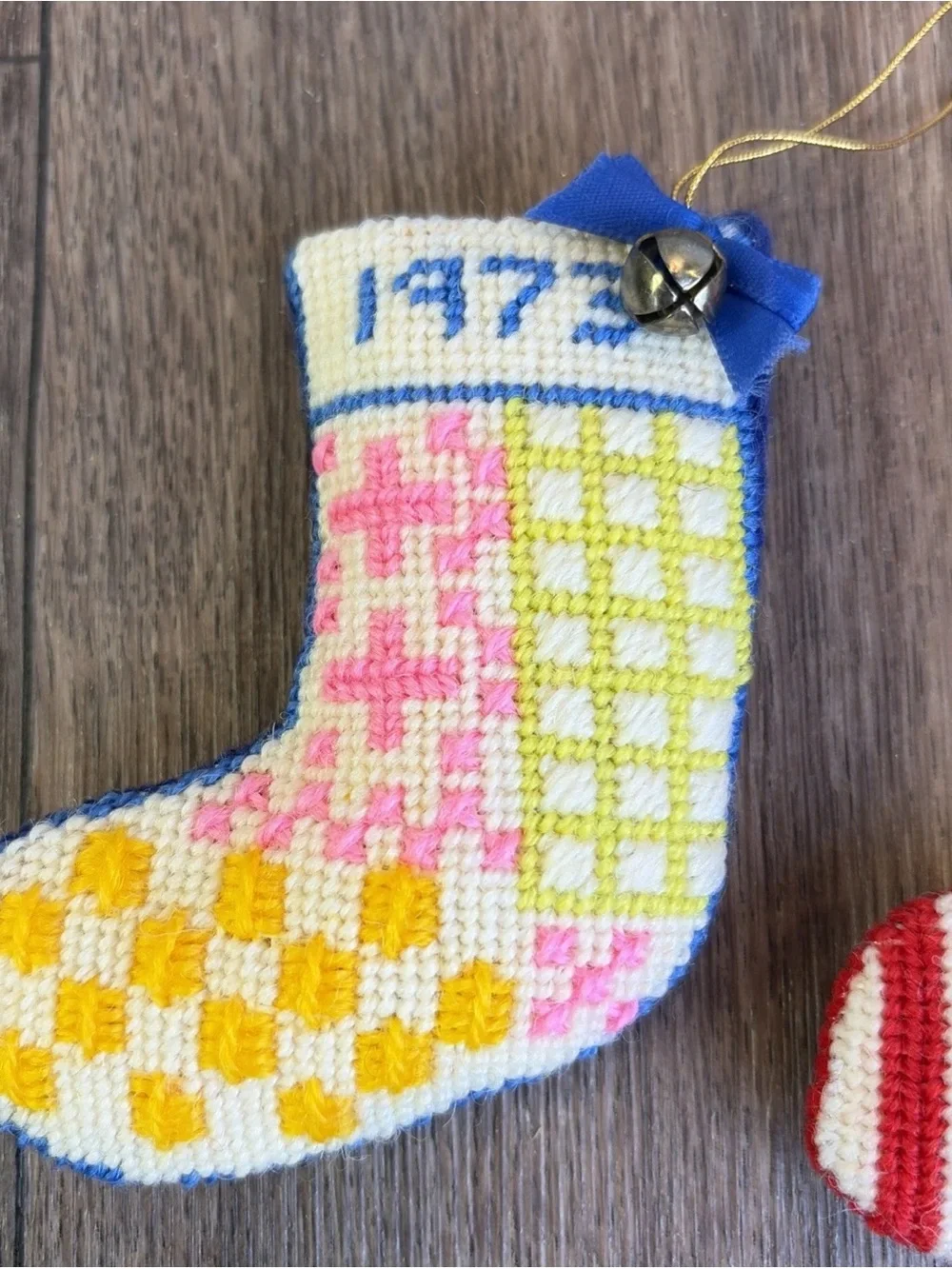 3 Vintage Handmade 1970's Cross Stitch Plush Christmas Stocking Ornaments